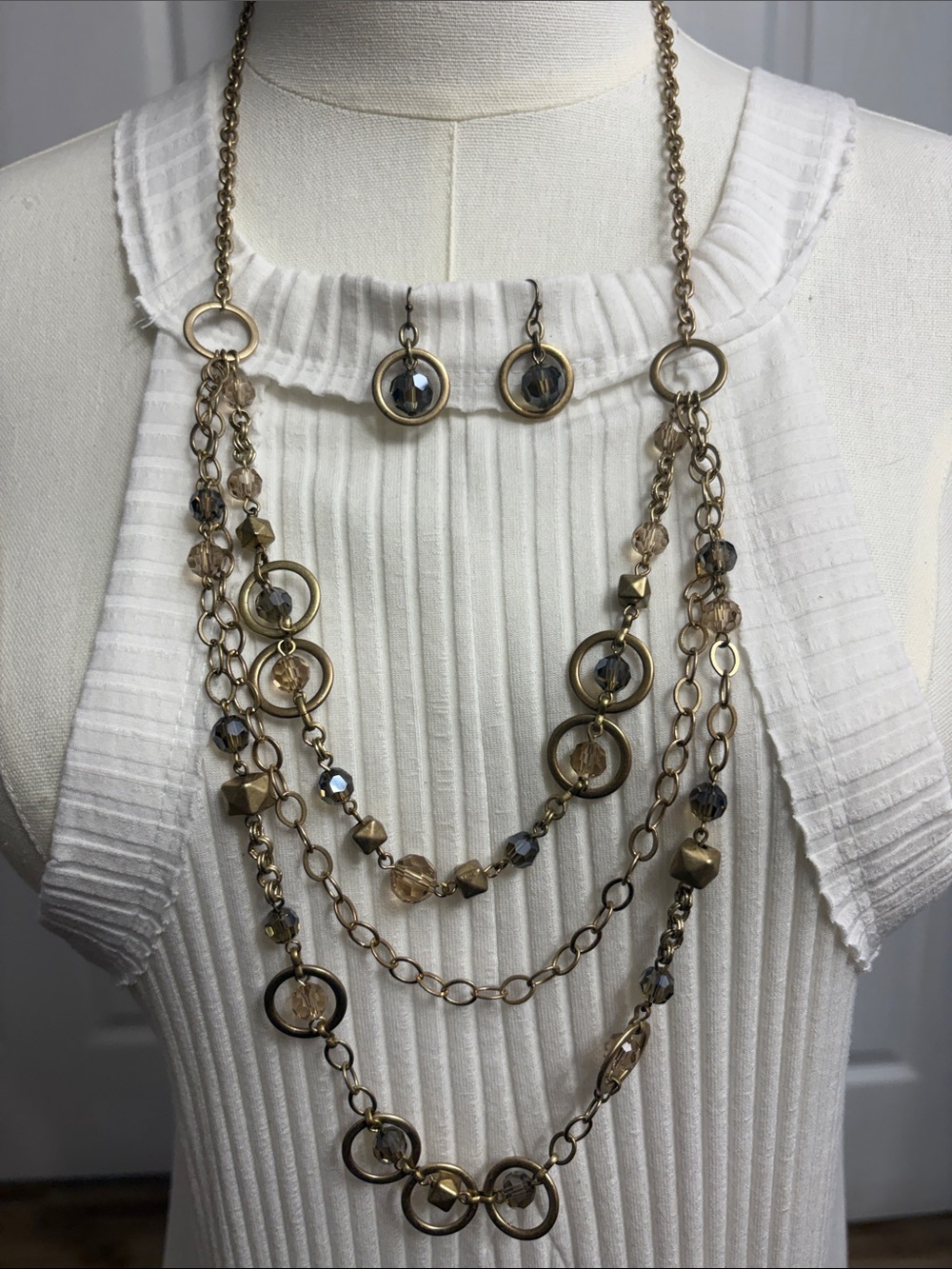 Layered Gold-Tone Multi-Strand Necklace with Matching Earrings — Gold